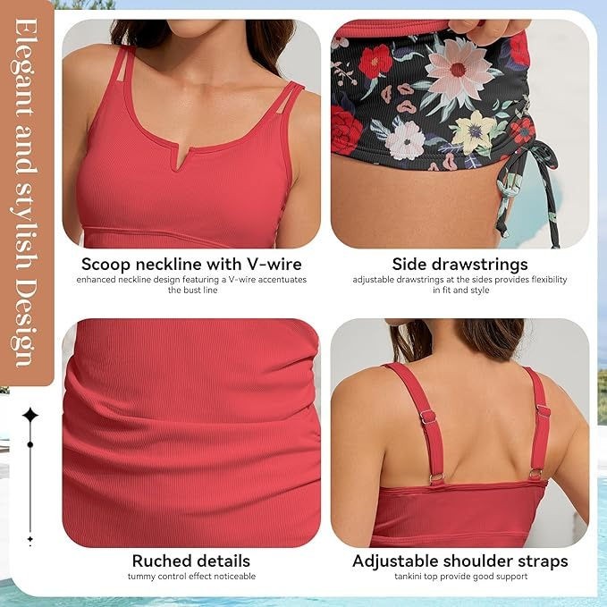 Zando Women's 2pc Tummy Control Tankini w/ Boyshorts - Red Floral - Large