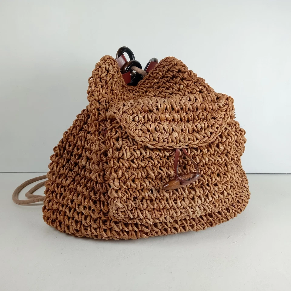 Unique Luxe Brown Cognac Basket Weave Backpack Satchel Bag Leather Wood Toggle - Image 2 of 4