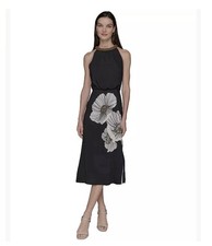 Karl Lagerfeld Paris Beaded Halter Midi Dress Black Floral Cocktail 10