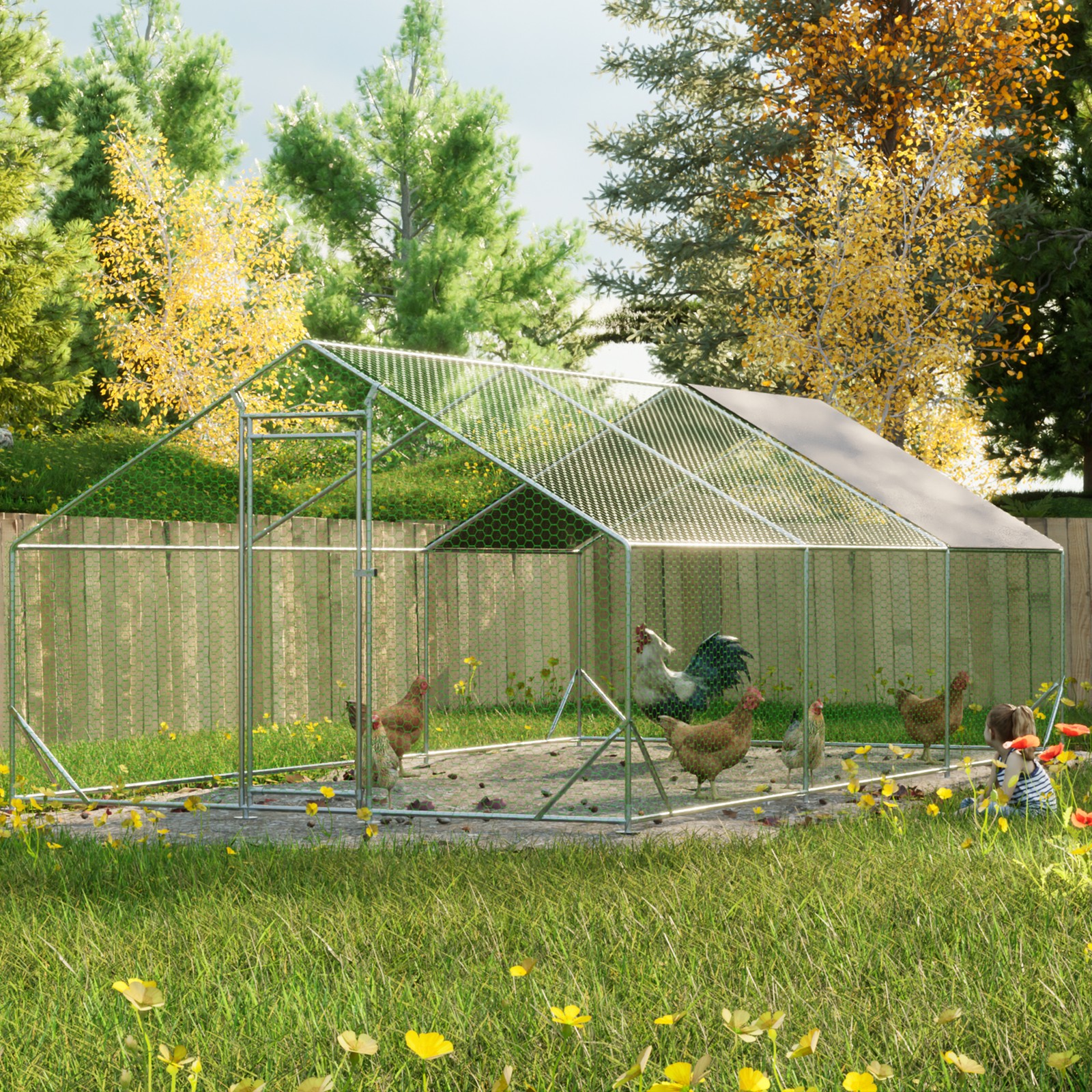 Metal Chicken Coop Walk-in Chicken Run Poultry Hen Pen Rabbit Cage with Cover