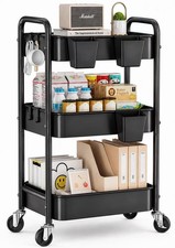 3 Tier Heavy Duty Metal Rolling Storage Cart Organizer with Wheels, Black