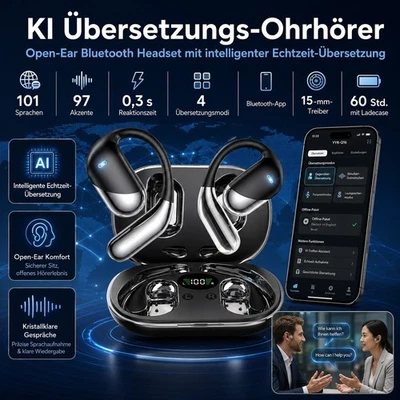 KI Übersetzer Kopfhörer 198 Sprachen Echtzeit Open Ear Bluetooth Ladecase - Bild 1 von 4
