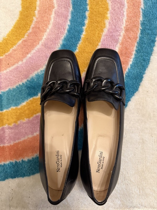 NeroGiardini Women’s Black Faux Leather Square Toe Slip-On Block Heel Pumps 8.5