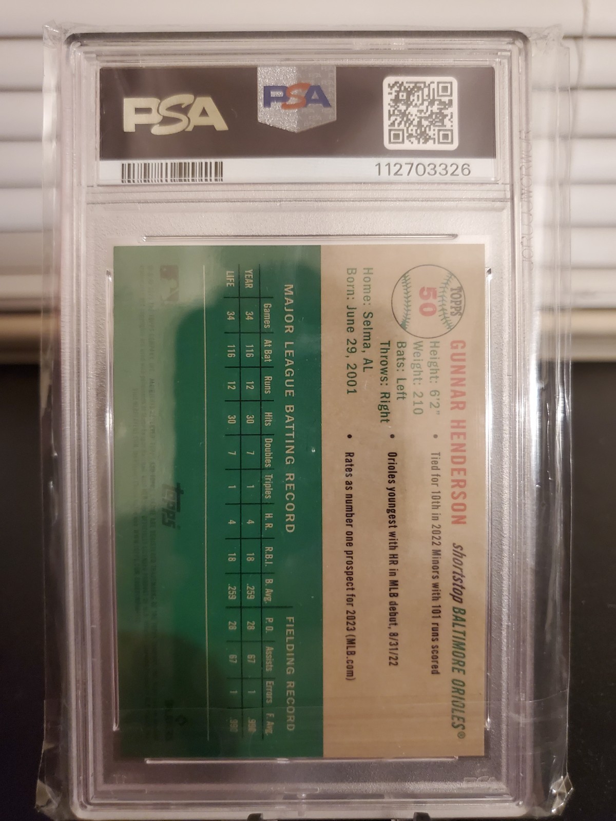 Topps 2023 Platinum Gunnar Henderson #50 Speckle /150 PSA 10 RC view 2