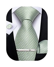  Plaid Ties for Men Silk Checkered Necktie and Pocket Square A Sage Green
