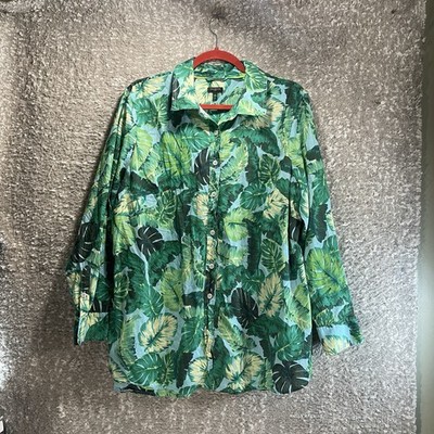 Talbots Floral Green Multi Isle Fronds Print Plus 2X Button Up Hawaiian Colorful