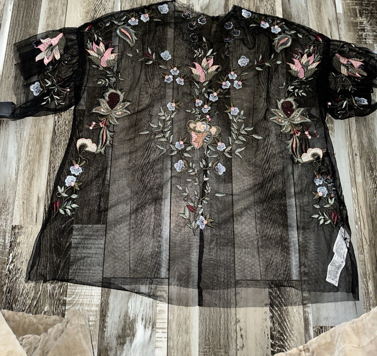 Zara Woman Women's L Black Mesh Sheer Embroidered Floral Blouse Pullover