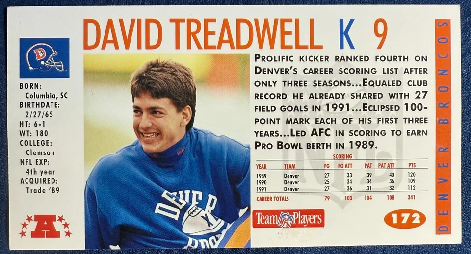 1992 GAMEDAY #172 DAVID TREADWELL (DENVER BRONCOS) FOOTBALL CARD - Image 2 of 2