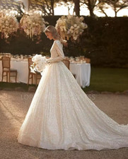 Shiny Glitter Wedding Dresses With Long Sleeve Bridal Dress A Line Sequins Bride