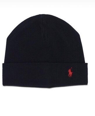 Polo Ralph Lauren Thermal Cuffed Hat Beanie Black Color Red Pony