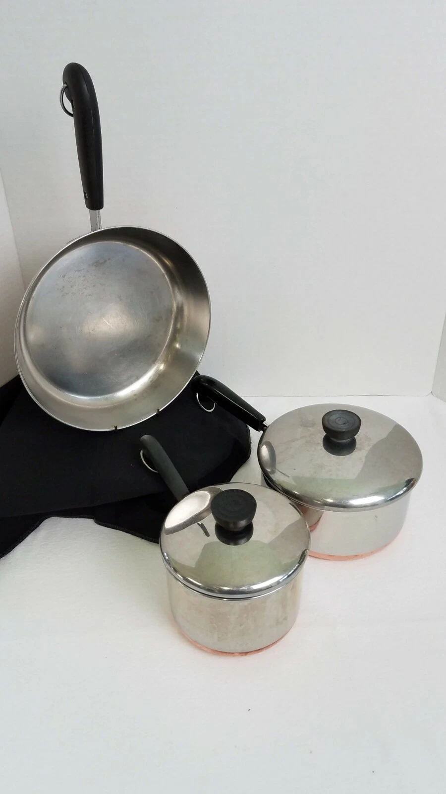 Revere Ware Copper 5 pc Cookware Set 8" Skillet+ 1.5 qt & 2qt Stock Pots+ 2 Lids