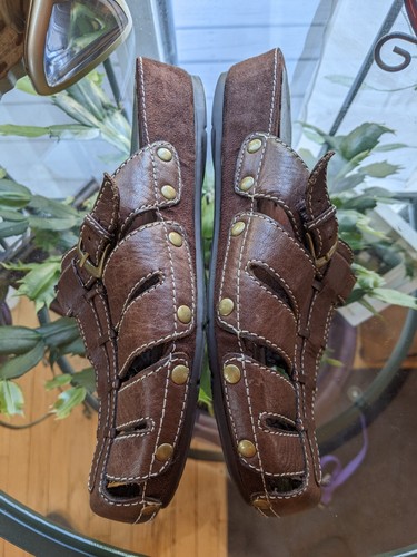 Sandalias para mujer con trampas desnudas de cuero marrón de rebote punta cerrada talla 8,5, ¡en excelente estado! - Imagen 5 de 12