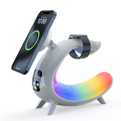 5in1 Wireless Charger Clock Speaker With RGB Light For Apple Watch 9 8 iPhone 15