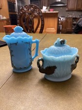 Vintage Turquoise Blue Milk Glass Decorative Creamer And Sugar Containers READ
