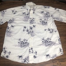Vintage Crossings Hawaiian Shirt Mens M Floral Tropical Palm Trees Huts Camp