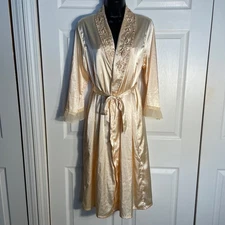 Champagne Peignoir Set Women XL Slip Dress Robe Satin Lace Trim Embroidered Gown