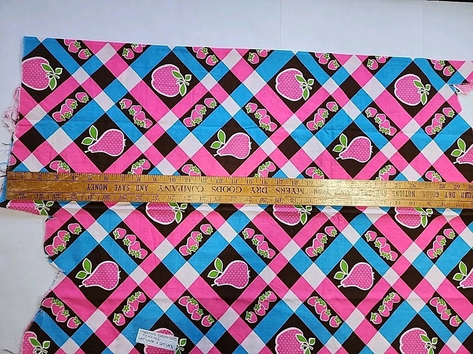 Marcus Bros Bright Blue Pink 70s Fruits Check Plaid Cotton Fabric 44x27 Remnant - Image 3 of 4