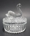 Jeanette Clear Glass Swan Covered Powder Dish Lipstick Holder Lid Vintage