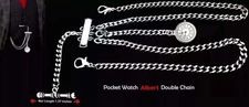 Very Strong Stainless Steel Pocket Watch Albert Double Chain With Ornate Fob.