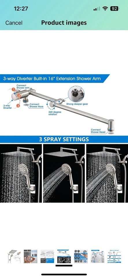 All Metal 12”Rain Shower Head with Handheld Spray Combo High Pressure Adjustable - Image 4 of 4