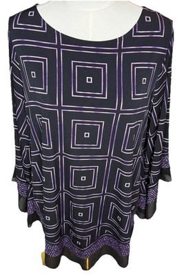 ALFANI Women s Purple Black Handkerchief Hem 3/4 Sleeve Stretch Top Sz 1X