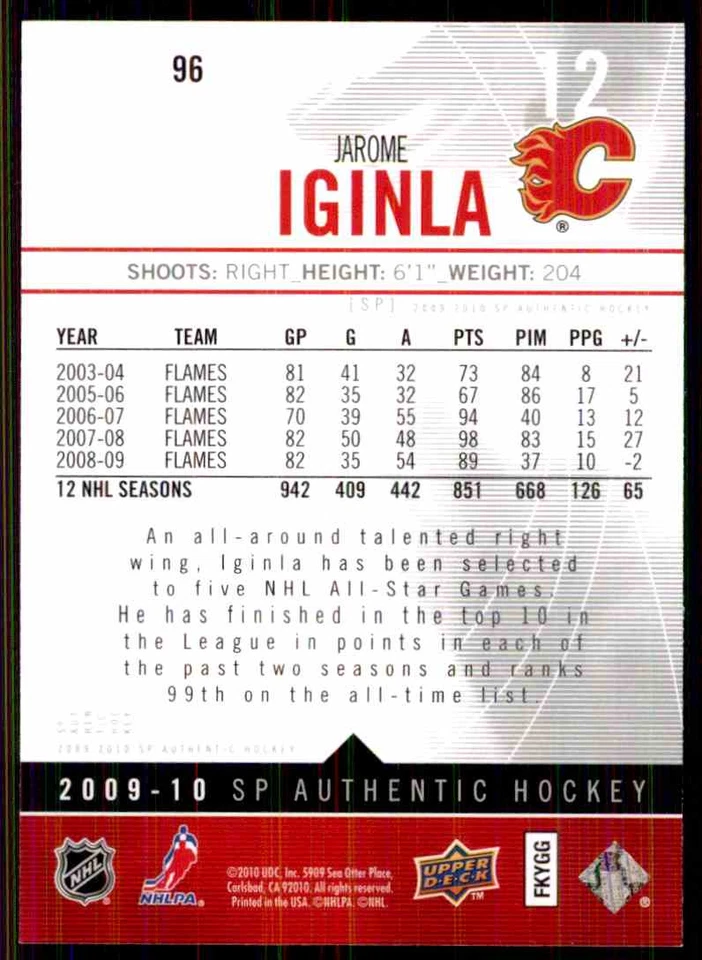 2009-10 SP AUTHENTIC JAROME IGINLA #96 - Image 2 of 2