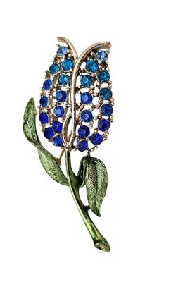 Blue Rhinestone Tulip Brooch Green Enamel Stem Pin C626