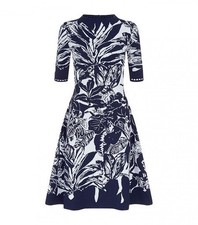 Oscar De La Renta Botanical Leaf Knit Dress Jacquard Navy Blue XL US 12 NWOT