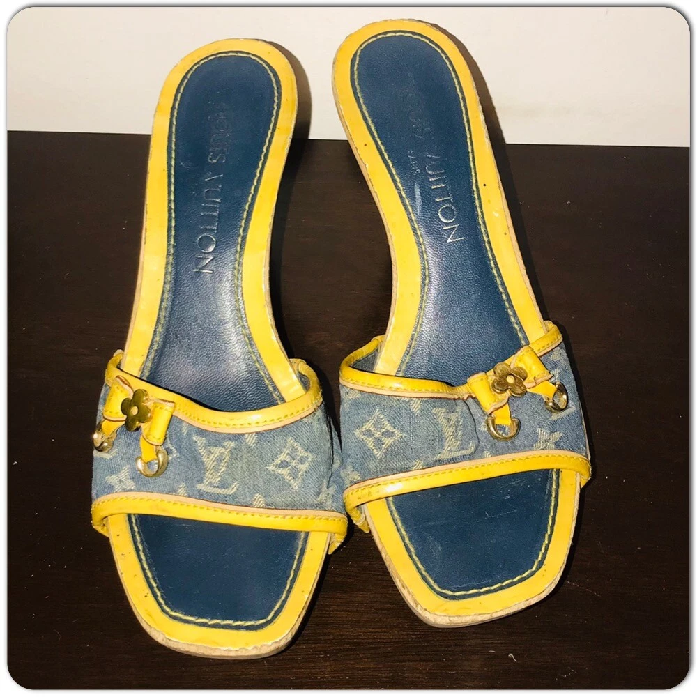 LOUIS VUITTON LV monogram blue denim yellow bow patent wooden clog