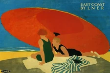 East Coast Summer Couple under Big Beach Umbrella Vintage Poster Repro FREE S/H
