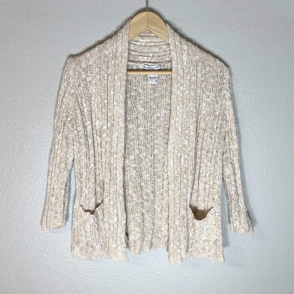 American Rag открытый передний укороченный кардиган свитер размер S коренастый вязаный кремовый розовый богемное - Изображение 3 из 4