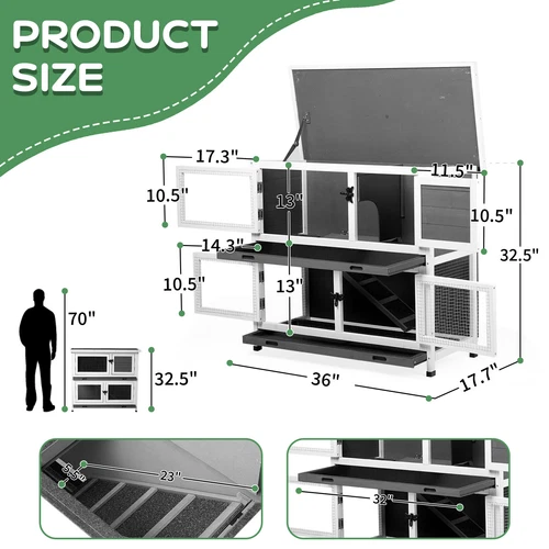 2 Story Outdoor Solid Wood Rabbit Hutch Bunny Cage with 2 Large Main Rooms - Picture 5 of 7