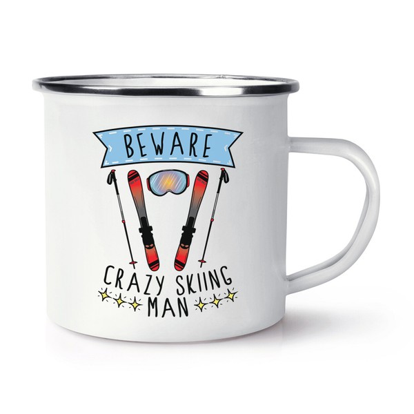 Beware VerrüCkte Schifahren Mann Emaille Becher Tasse Sport Lustig Skier Scherz-image