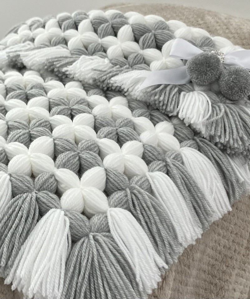 Handmade Baby Blanket Grey And White With Pom Poms eBay