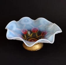 Vtg Goofus Glass Footed Console Bowl 8¾" Opalescent Dish Flowers w/Star of David
