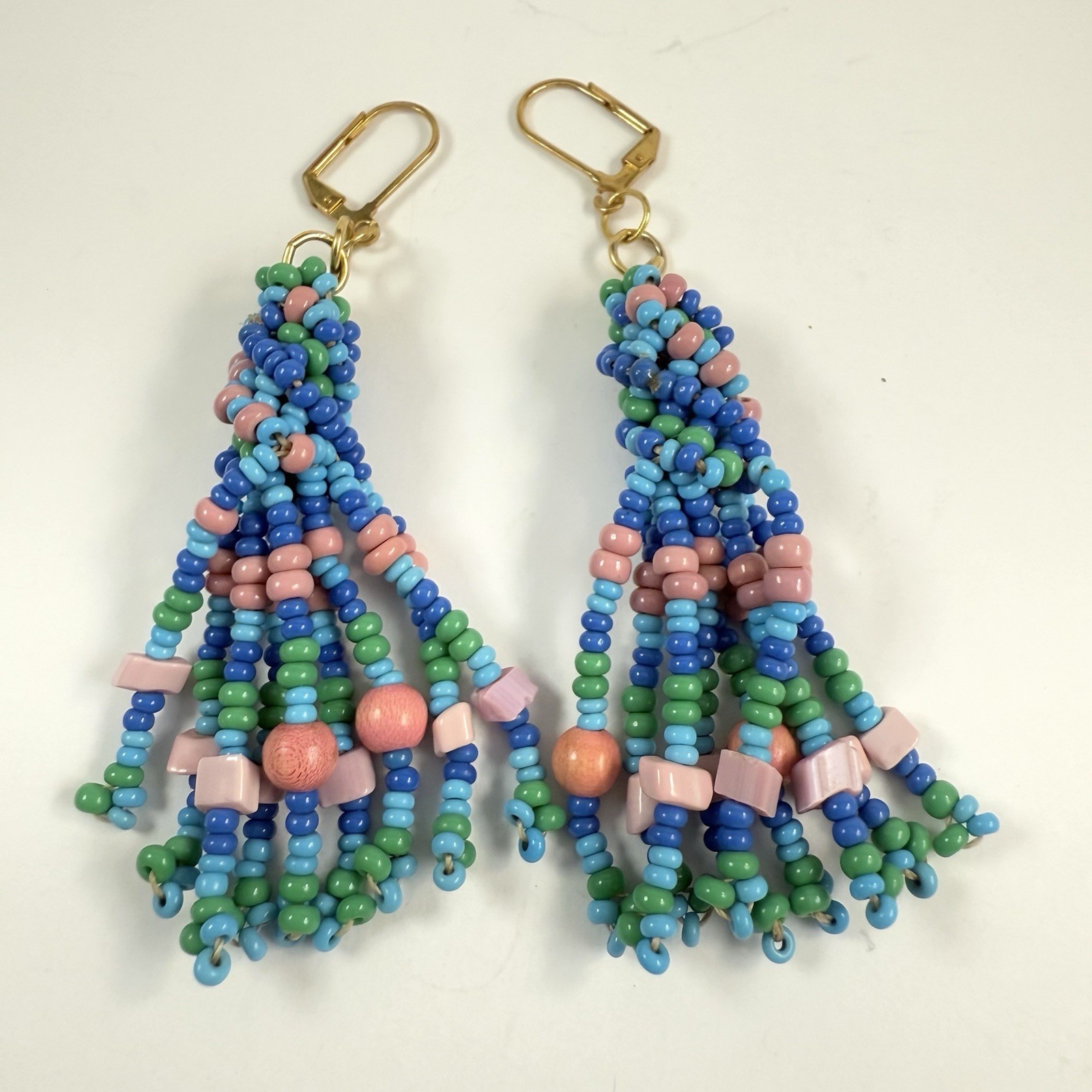 Vintage Pink Blue Green Glass Beaded Tassel Dangle Lever Back Pierced Earrings
