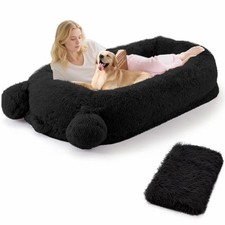Human Size Dog Bed 71x45x12" Black Pet Bed Blanket Pocket Handle Removable Cover