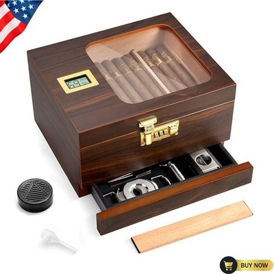 Elegant Cedar Cigar Humidor with Glass Top & Hygrometer - Holds 50 Cigars USA