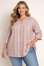 Roaman’s Women’s Linen Blend Striped Henley Tunic Top Plus 30W Boho Casual Style