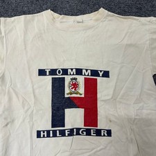 Tommy Hilfiger T-Shirt Mens Size Large White Vintage Logo Made in USA Stained