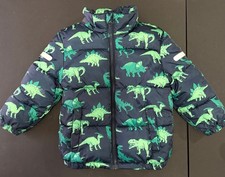 H M Kids Dinosaur Puffer Jacket 3T Navy Green Winter Coat Fleece-Lined