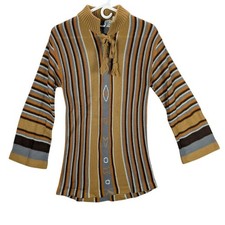 Vtg Lady Van Neff Sweater Womens Medium Tan Striped Lace Up Neck Bell Sleeves