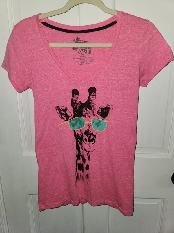 Fifth Sun Women's Pink Giraffe V-Neck Short Sleeve Graphic T-Shirt M