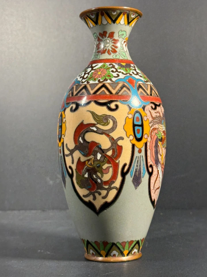 "JARRÓN JAPONÉS MEIJI CLOISONNE 7,25"" ESCUDO DE FÉNIX Y DRAGÓN" Foto 4 de 4