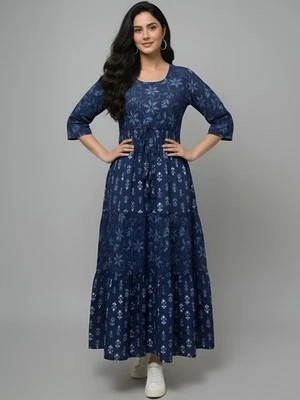 Indian Women Blue Cotton Floral Printed Kurta Kurtis Designer A-Line Maxi Dress - Image 1 of 4