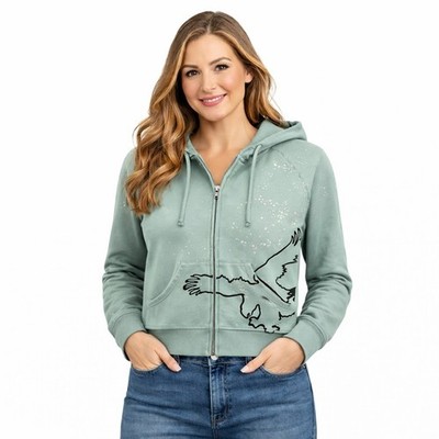 NWT Urban Outfitters Light Green Cropped Zip Hoodie with Graphic Size M
