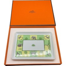 HERMES Africa Porcelain Tray Small Plate Change Dish Safari Elephant Green Box