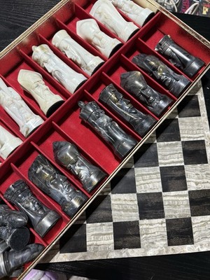 B&W Marble Chess Board with Oversized Figures