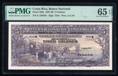COSTA RICA P-198a 1937-38 5 COLONES PMG65 EPQ GEM CU TOP POP 2/0