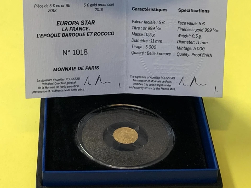 Frankreich 5 Euro 2018 PP, 0,5g 999er Gold mit Etui, Barock und Rococo (R8-2-112 - Bild 2 von 4